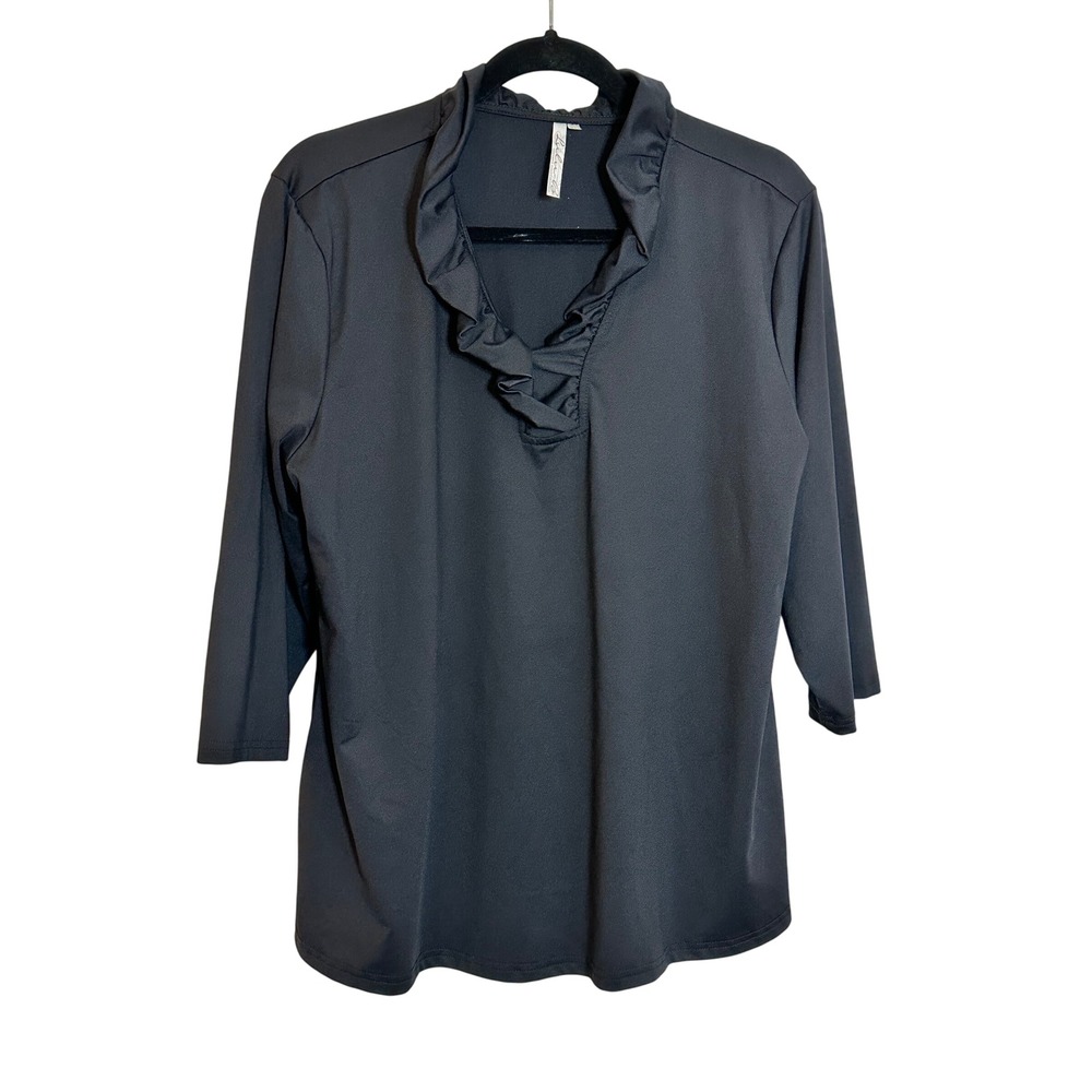 Lulu-B Ruffle V-Neck Knit Top Size XL Black 3/4 Sleeve Stretch Casual Travel
